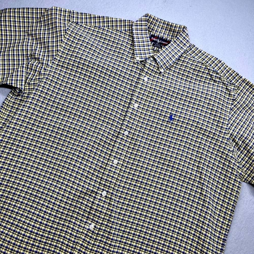 Ralph Lauren Mens XL Yellow Blue Plaid Short Sleeve Blake Button Down Shirt 90s